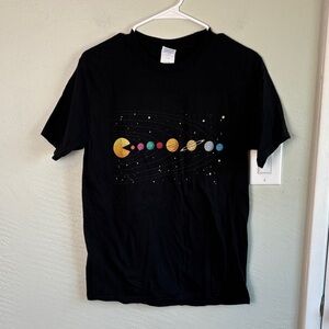 2 for $30! Black Graphic Short Sleeve Tee with Colorful PACMAN and Planet Print